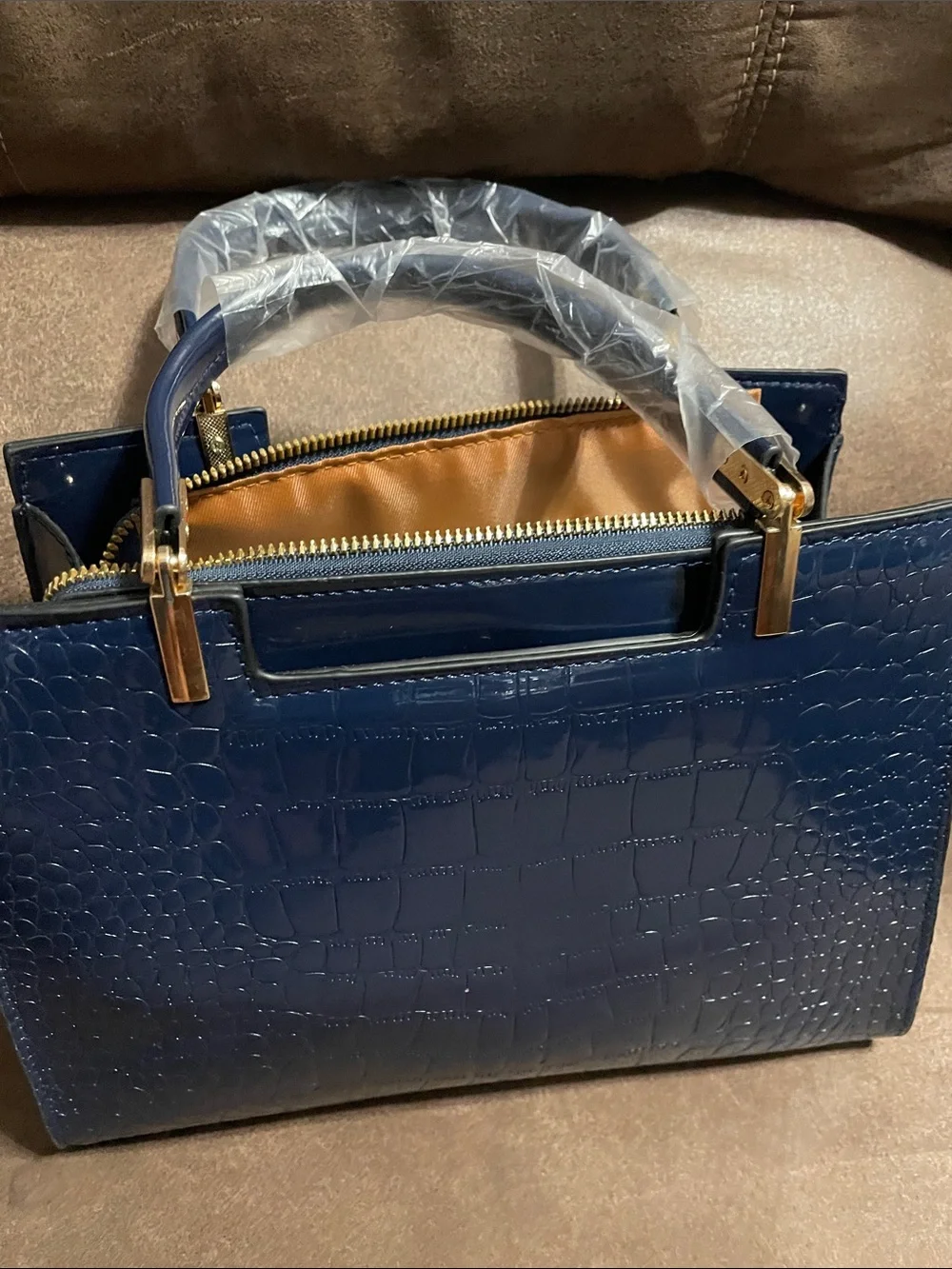 Croc-Embossed Navy Top-Handle Satchel with Removable Strap